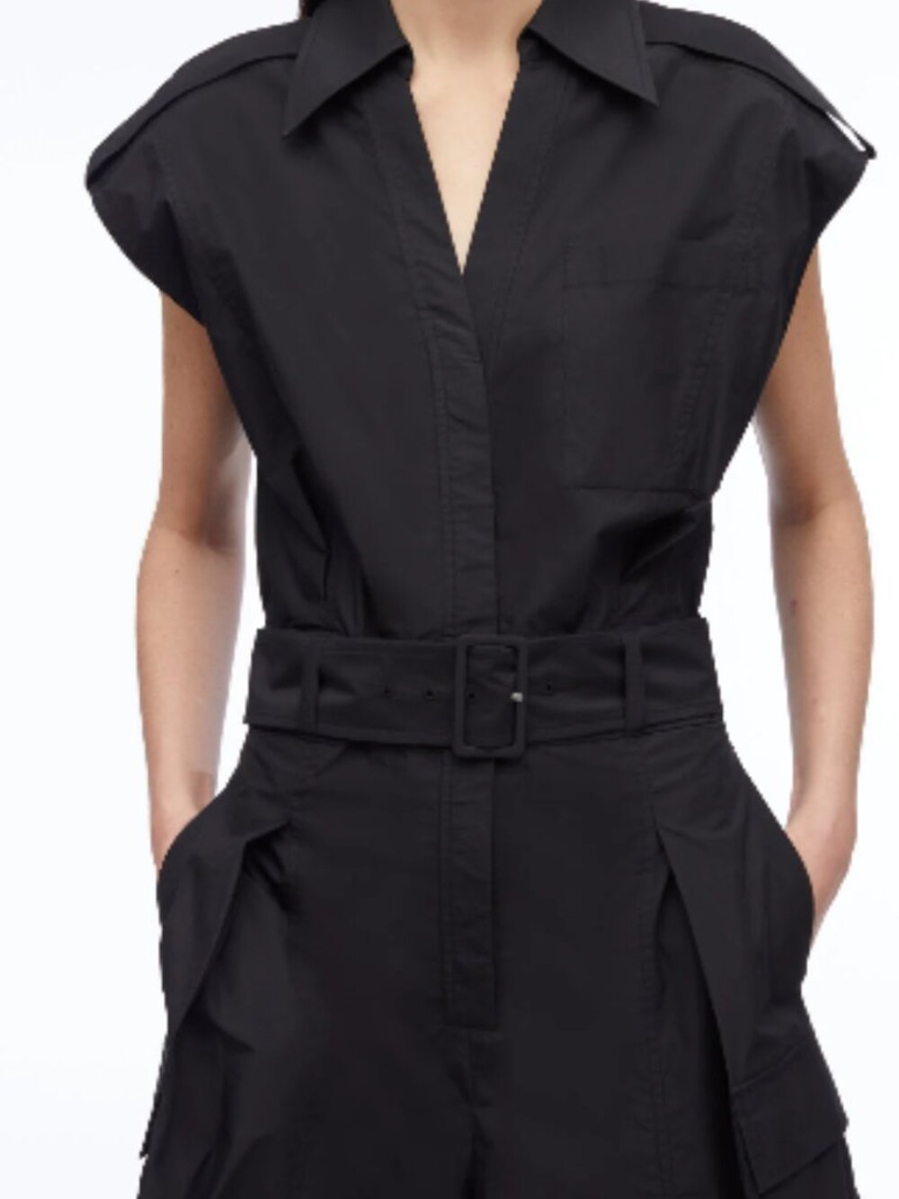3.1 Phillip Lim Black Cotton Poplin Utility Belted Romper Women's size 10